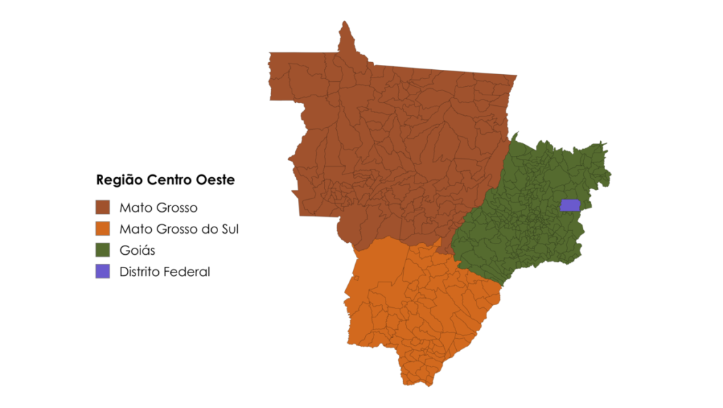Mapa da Região Centro-Oeste do Brasil com destaque para Mato Grosso, Mato Grosso do Sul, Goiás e Distrito Federal