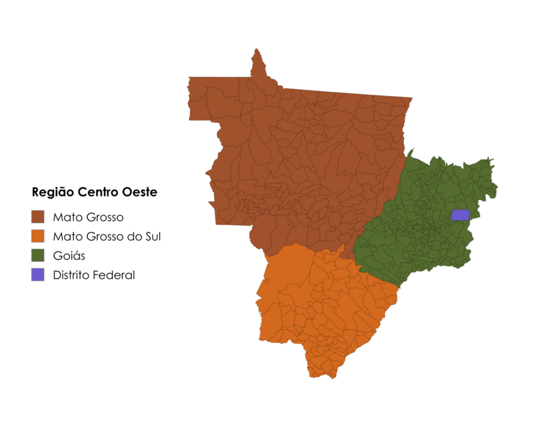 Mapa da Região Centro-Oeste do Brasil com destaque para Mato Grosso, Mato Grosso do Sul, Goiás e Distrito Federal