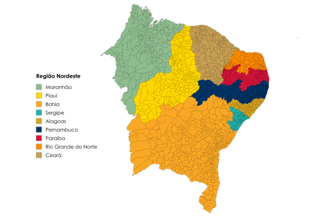 Mapa colorido da Região Nordeste do Brasil com destaque para seus nove estados