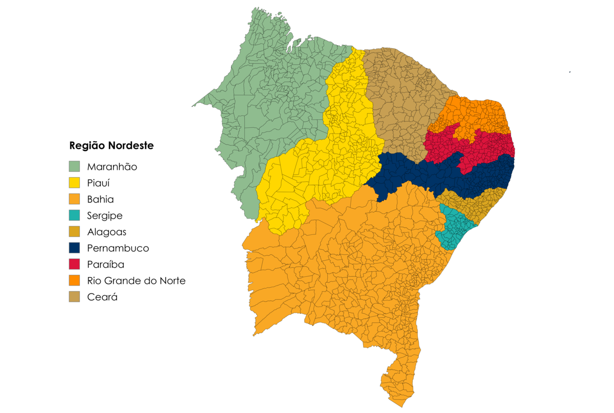 Mapa colorido da Região Nordeste do Brasil com destaque para seus nove estados