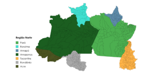Mapa ilustrado da Região Norte do Brasil com destaque para os estados e suas cores distintas