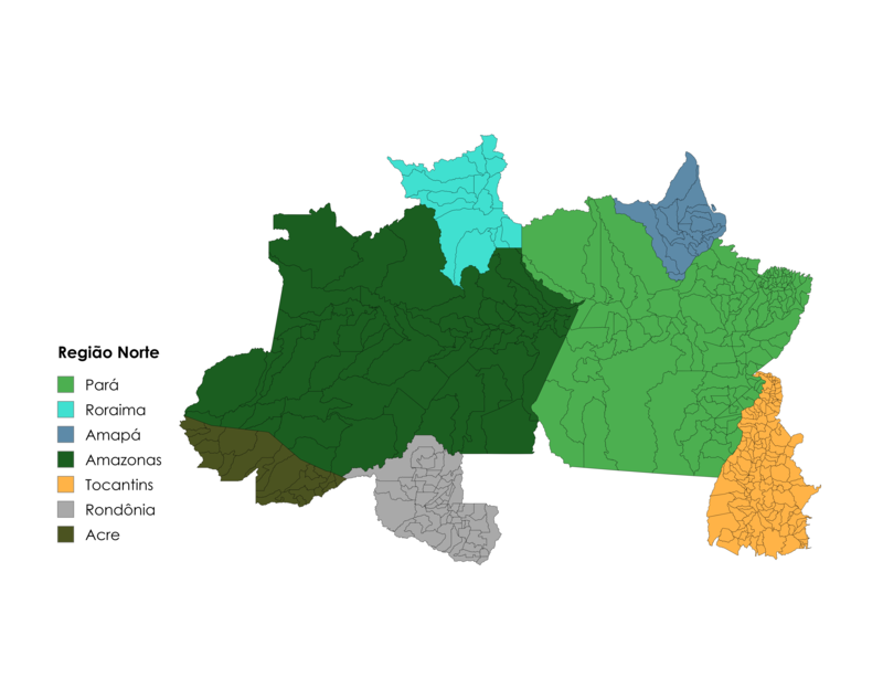 Mapa ilustrado da Região Norte do Brasil com destaque para os estados e suas cores distintas