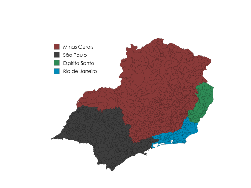 Mapa da Região Sudeste do Brasil com estados destacados por cores