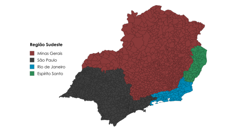 Mapa político da Região Sudeste do Brasil com Minas Gerais, São Paulo, Rio de Janeiro e Espírito Santo destacados