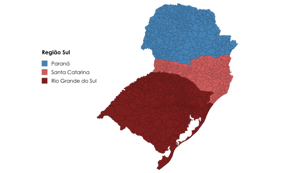Mapa político da Região Sul do Brasil com os estados do Paraná, Santa Catarina e Rio Grande do Sul destacados