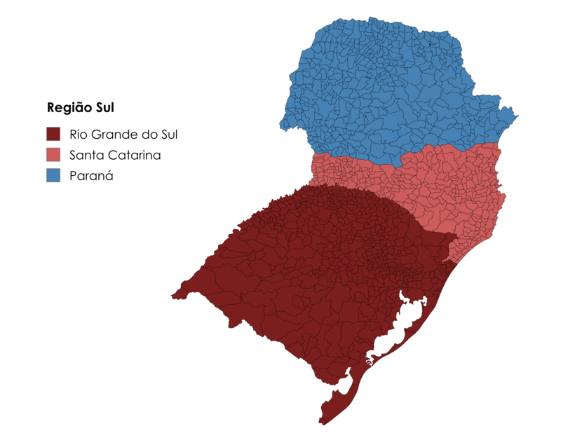 Mapa político da Região Sul do Brasil com os estados do Paraná, Santa Catarina e Rio Grande do Sul destacados