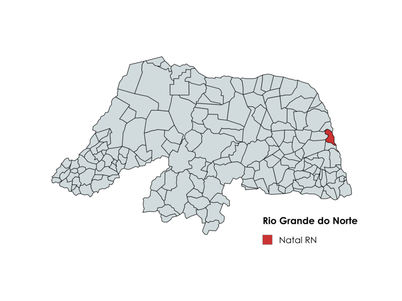 Mapa do Rio Grande do Norte com destaque para o município de Natal em vermelho