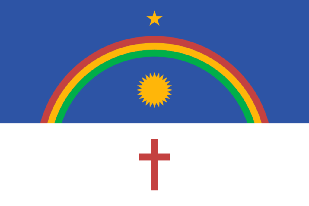 Bandeira do estado de Pernambuco, com fundo azul e branco, arco-íris, sol, estrela e cruz Bandeira do estado de Pernambuco, com fundo azul e branco, arco-íris, sol, estrela e cruz