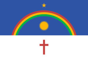 Bandeira do estado de Pernambuco, com fundo azul e branco, arco-íris, sol, estrela e cruz Bandeira do estado de Pernambuco, com fundo azul e branco, arco-íris, sol, estrela e cruz
