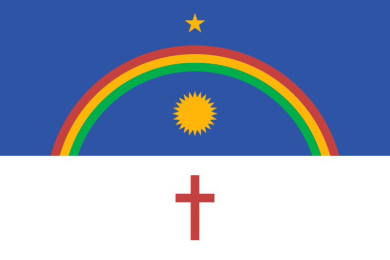 Bandeira do estado de Pernambuco, com fundo azul e branco, arco-íris, sol, estrela e cruz Bandeira do estado de Pernambuco, com fundo azul e branco, arco-íris, sol, estrela e cruz