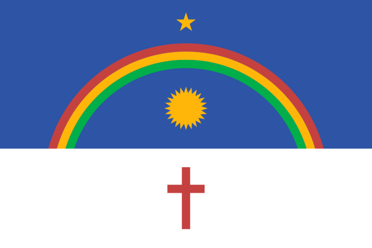 Bandeira do estado de Pernambuco, com fundo azul e branco, arco-íris, sol, estrela e cruz Bandeira do estado de Pernambuco, com fundo azul e branco, arco-íris, sol, estrela e cruz