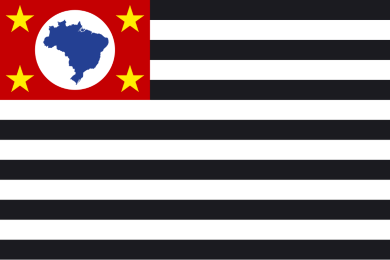 Bandeira do estado de São Paulo com listras pretas e brancas, um retângulo vermelho no canto superior esquerdo contendo o mapa do Brasil em azul e quatro estrelas amarelas