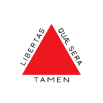 Bandeira do estado de Minas Gerais, com triângulo vermelho ao centro e a inscrição latina "Libertas quae sera tamen" ao redor
