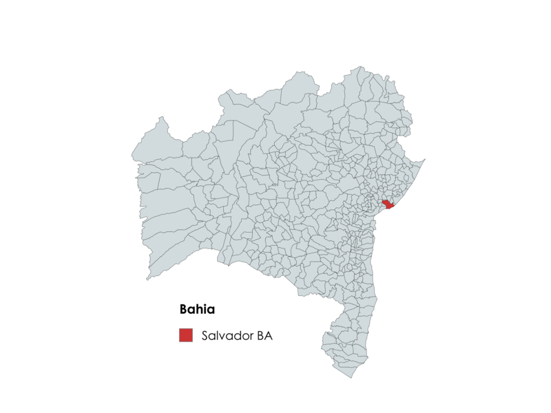 Mapa do estado da Bahia com destaque em vermelho para a cidade de Salvador