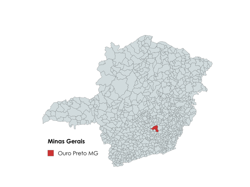 Mapa de Minas Gerais destacando a localização de Ouro Preto na região central do estado