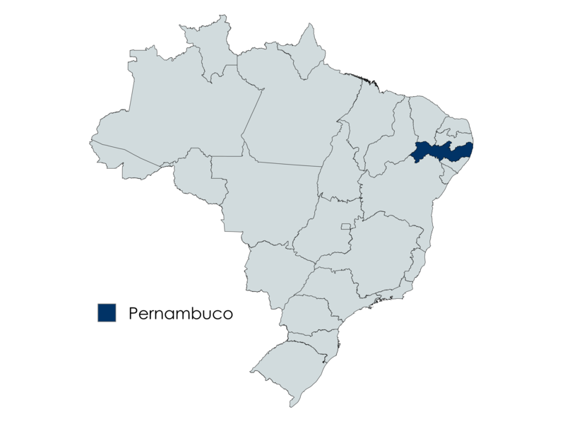 Mapa do Brasil com o estado de Pernambuco destacado em azul