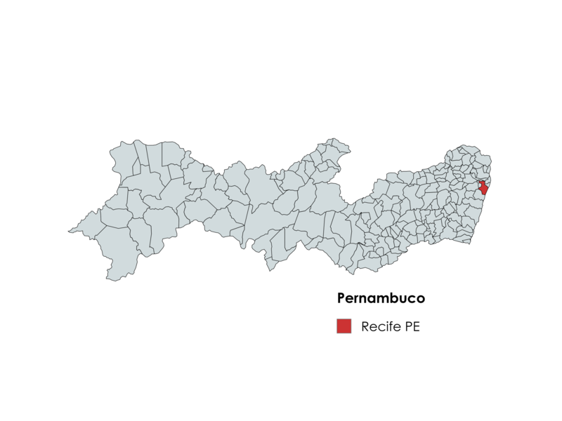 Mapa do estado de Pernambuco com o município de Recife destacado em vermelho