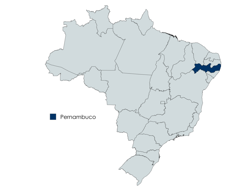 Mapa do Brasil com destaque para o estado de Pernambuco em azul escuro