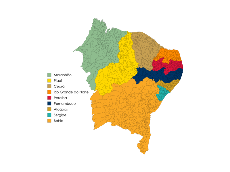 Mapa da Região Nordeste do Brasil com os estados destacados por cores