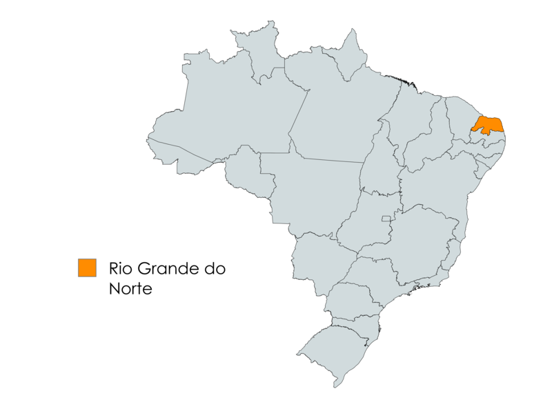 Mapa do Brasil com o estado do Rio Grande do Norte em laranja, localizado no Nordeste