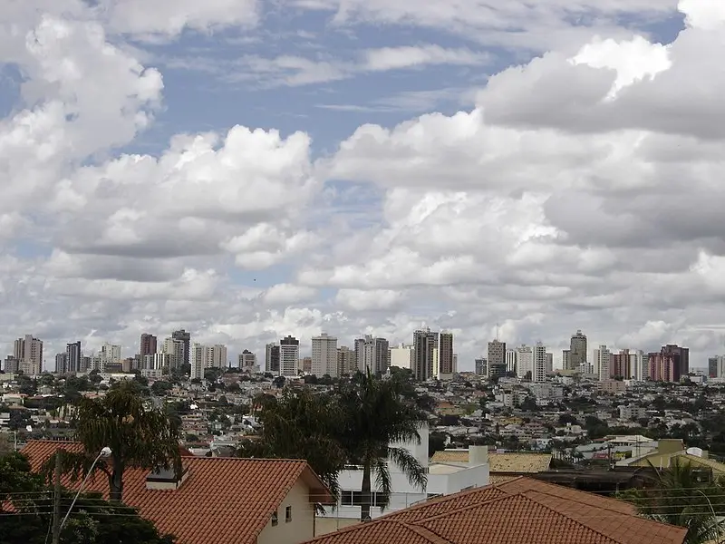 Vista panorâmica de Uberlândia com casas no primeiro plano e diversos edifícios altos ao fundo, sob um céu com nuvens densas