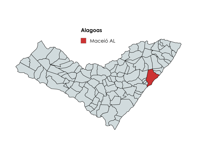 Mapa de Alagoas com o município de Maceió destacado em vermelho