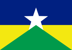 Bandeira do estado de Rondônia com estrela branca sobre fundo azul, amarelo e verde