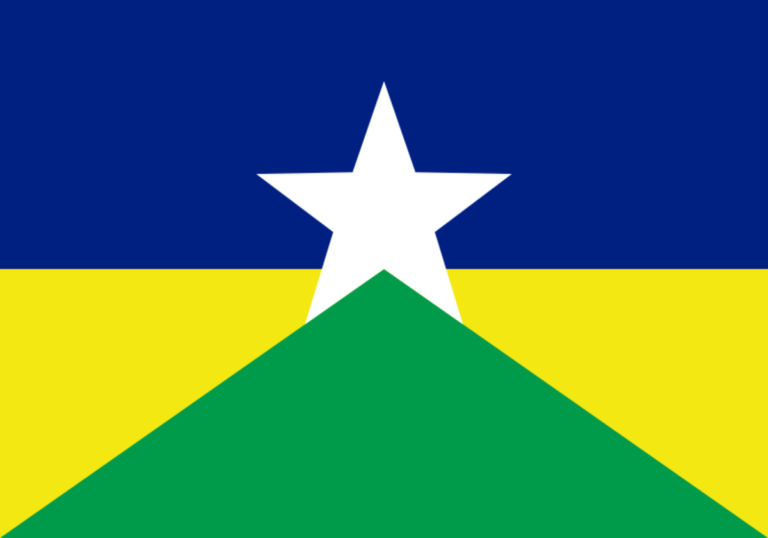 Bandeira do estado de Rondônia com estrela branca sobre fundo azul, amarelo e verde