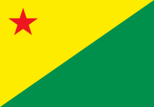 Bandeira do estado do Acre com estrela vermelha sobre fundo amarelo e verde. Por E2m, Domínio público, via Wikimedia Commons