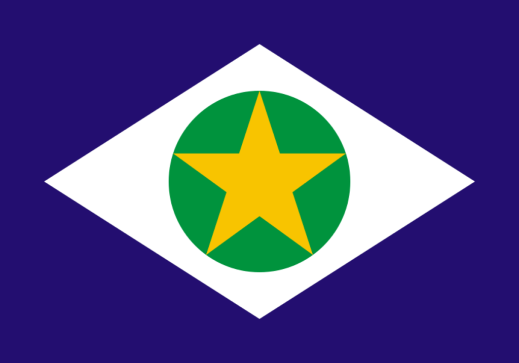 Bandeira oficial do estado de Mato Grosso, Brasil. Por SVG implementation by E2m – Domínio público via Wikimedia Commons