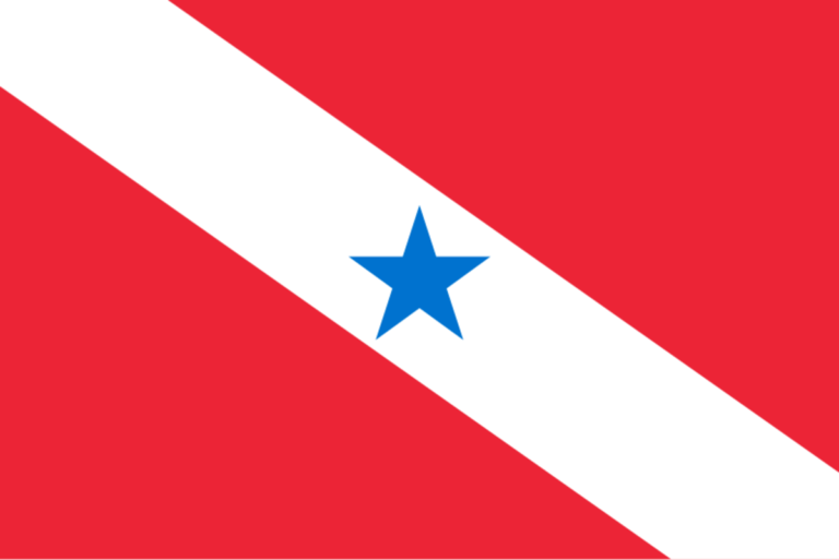 Bandeira do estado do Pará, com faixa branca diagonal e estrela azul sobre fundo vermelho