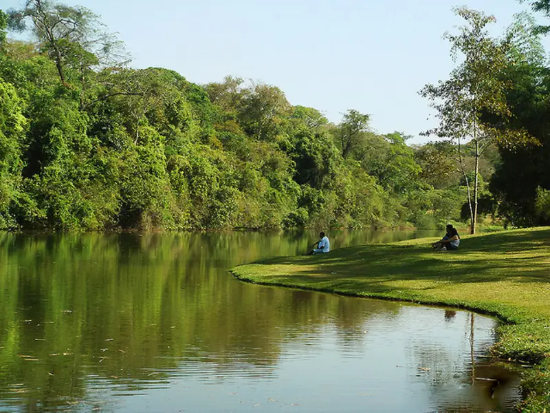 Pessoas descansando à beira do lago no Jardim Botânico de Goiânia, cercado por vegetação densa