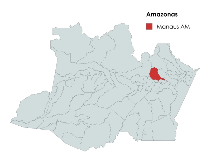 Mapa do estado do Amazonas com destaque para a cidade de Manaus em vermelho.
