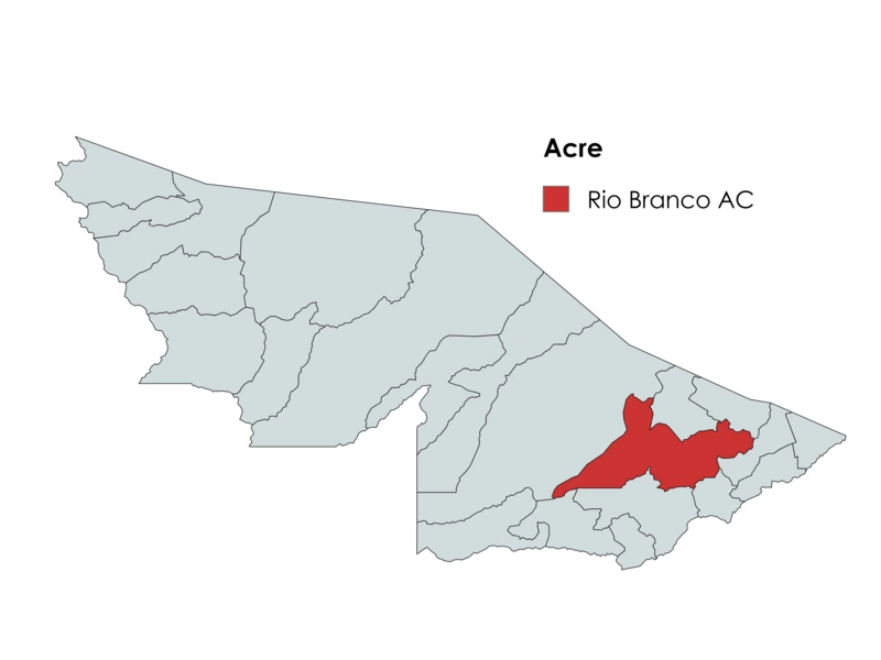 Mapa do estado do Acre destacando a localização de Rio Branco, capital do Acre