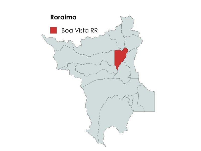 Mapa do estado de Roraima destacando em vermelho a localização do município de Boa Vista.