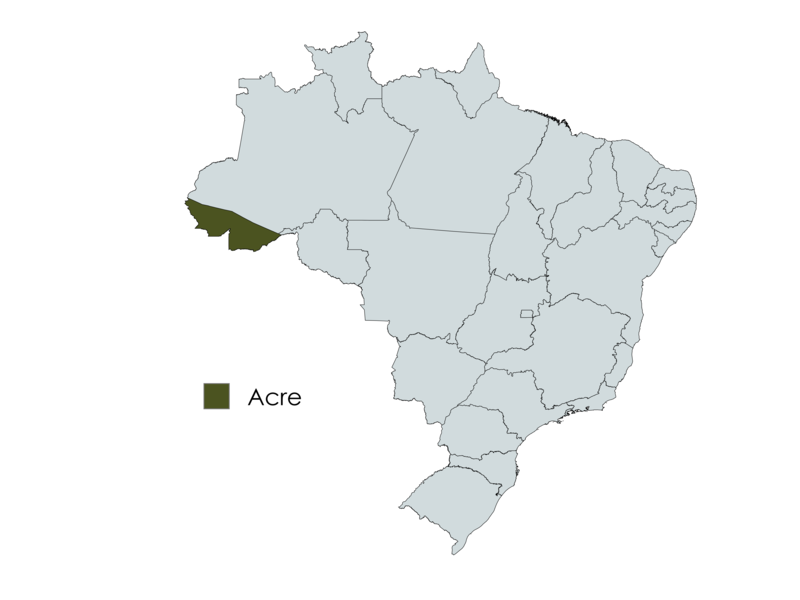 Mapa do Brasil com o estado do Acre destacado em verde escuro