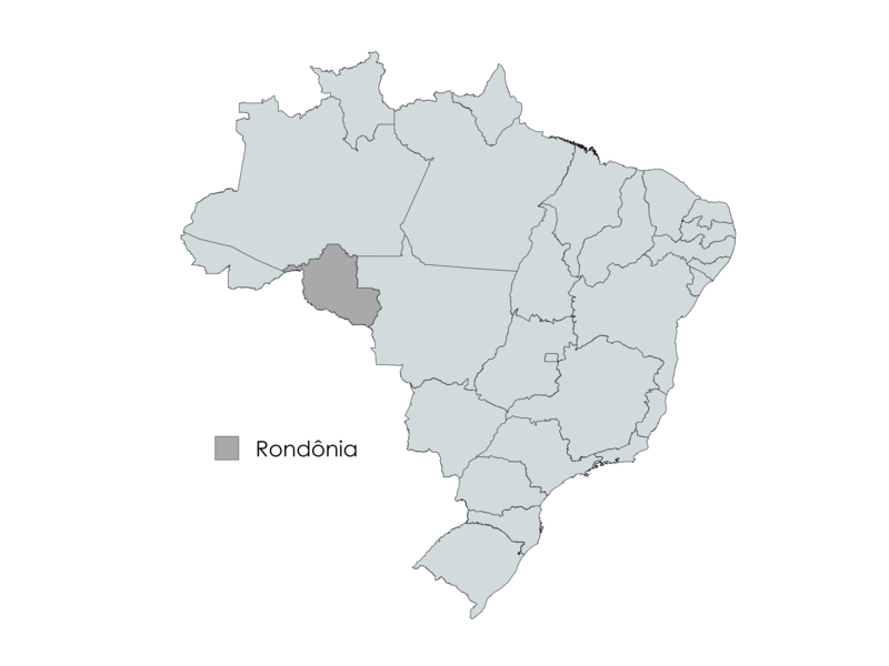 Mapa do Brasil com o estado de Rondônia destacado em cinza