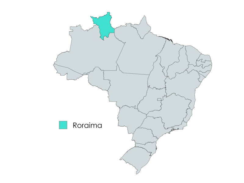 Mapa do Brasil com o estado de Roraima em destaque na cor azul claro