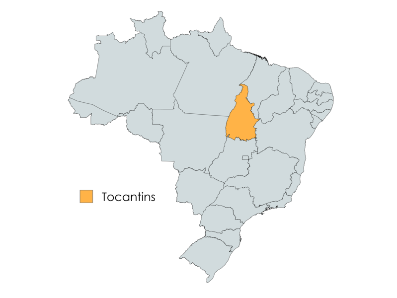 Mapa do Brasil com o estado do Tocantins destacado em laranja