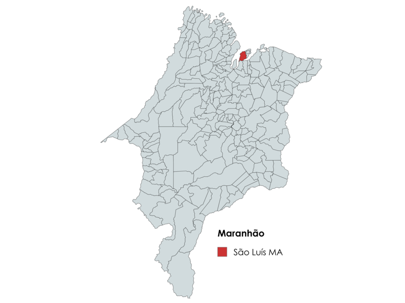 ALT: Mapa do Maranhão com destaque em vermelho para a cidade de São Luís