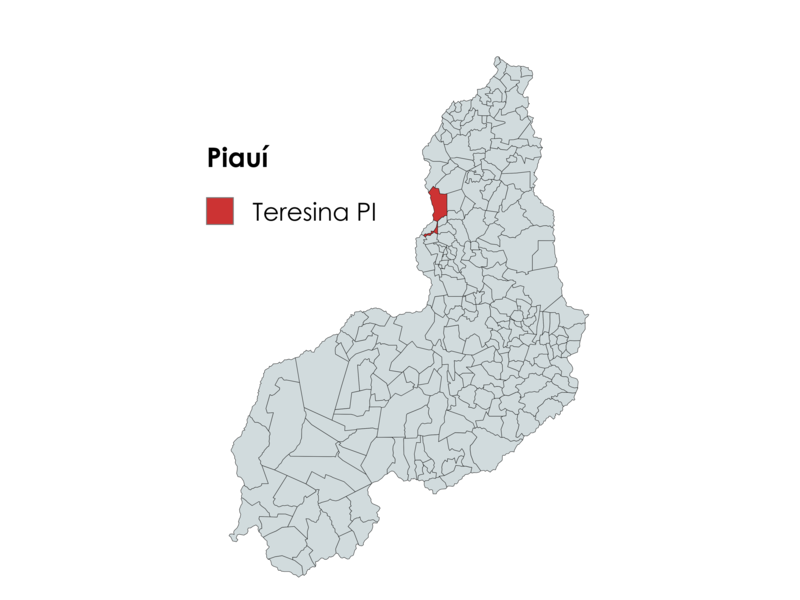 Mapa do estado do Piauí com o município de Teresina destacado em vermelho