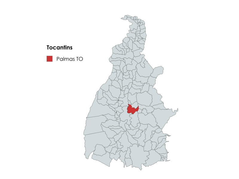Mapa do estado do Tocantins com destaque em vermelho para a cidade de Palmas