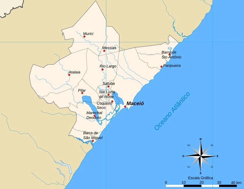 Mapa da Região Metropolitana de Maceió com municípios vizinhos e principais vias.