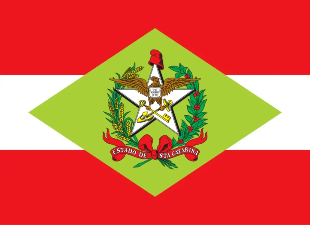 Bandeira do estado de Santa Catarina, Brasil. Por OAlexander (colours from Manual de Identidade Visual do Governo do Estado do Santa Catarina), Domínio público, via Wikimedia Commons