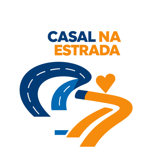 Logotipo Casal na Estrada com slogan e imagem de estrada em forma de coração