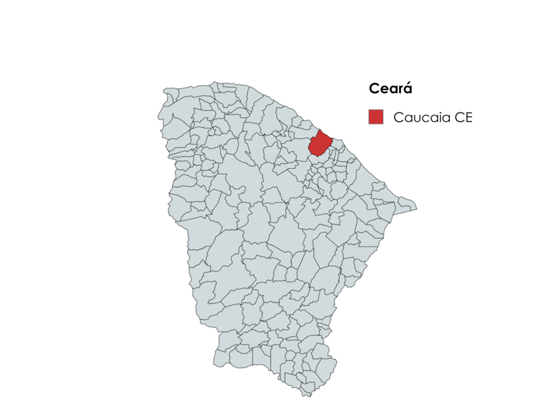Mapa do Ceará com destaque para o município de Caucaia em vermelho