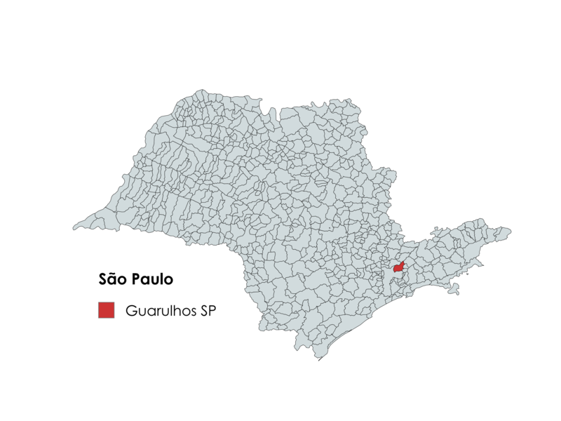 Mapa do estado de São Paulo destacando a localização do município de Guarulhos em vermelho