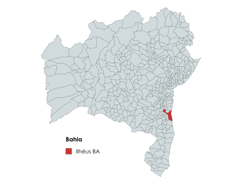 Mapa de Ilhéus na Bahia destacando a localização do município no estado.