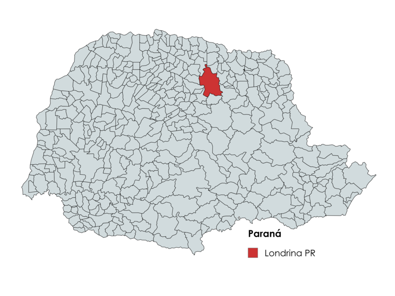 Mapa do estado do Paraná destacando Londrina em vermelho
