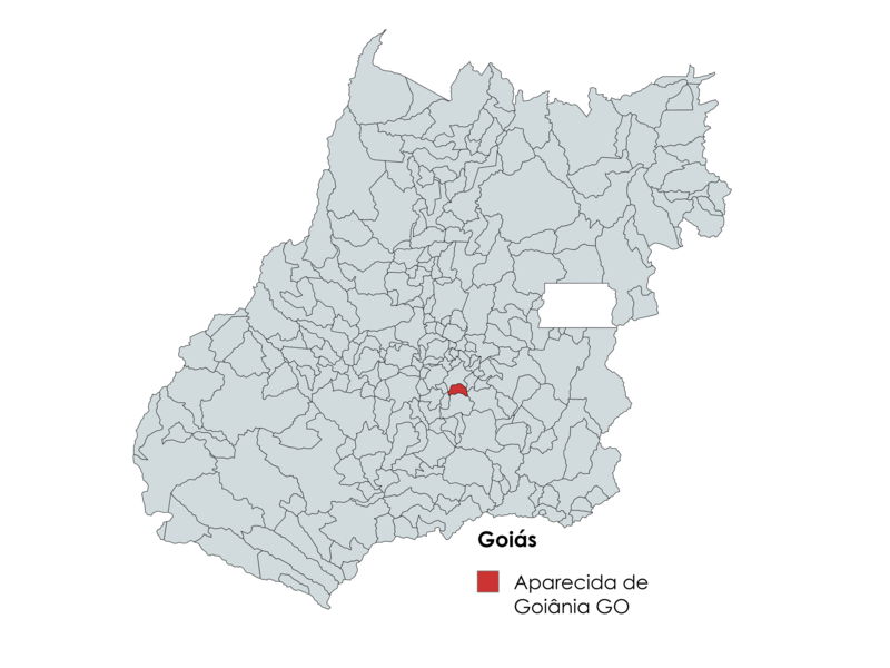 Mapa do estado de Goiás destacando o município de Aparecida de Goiânia em vermelho